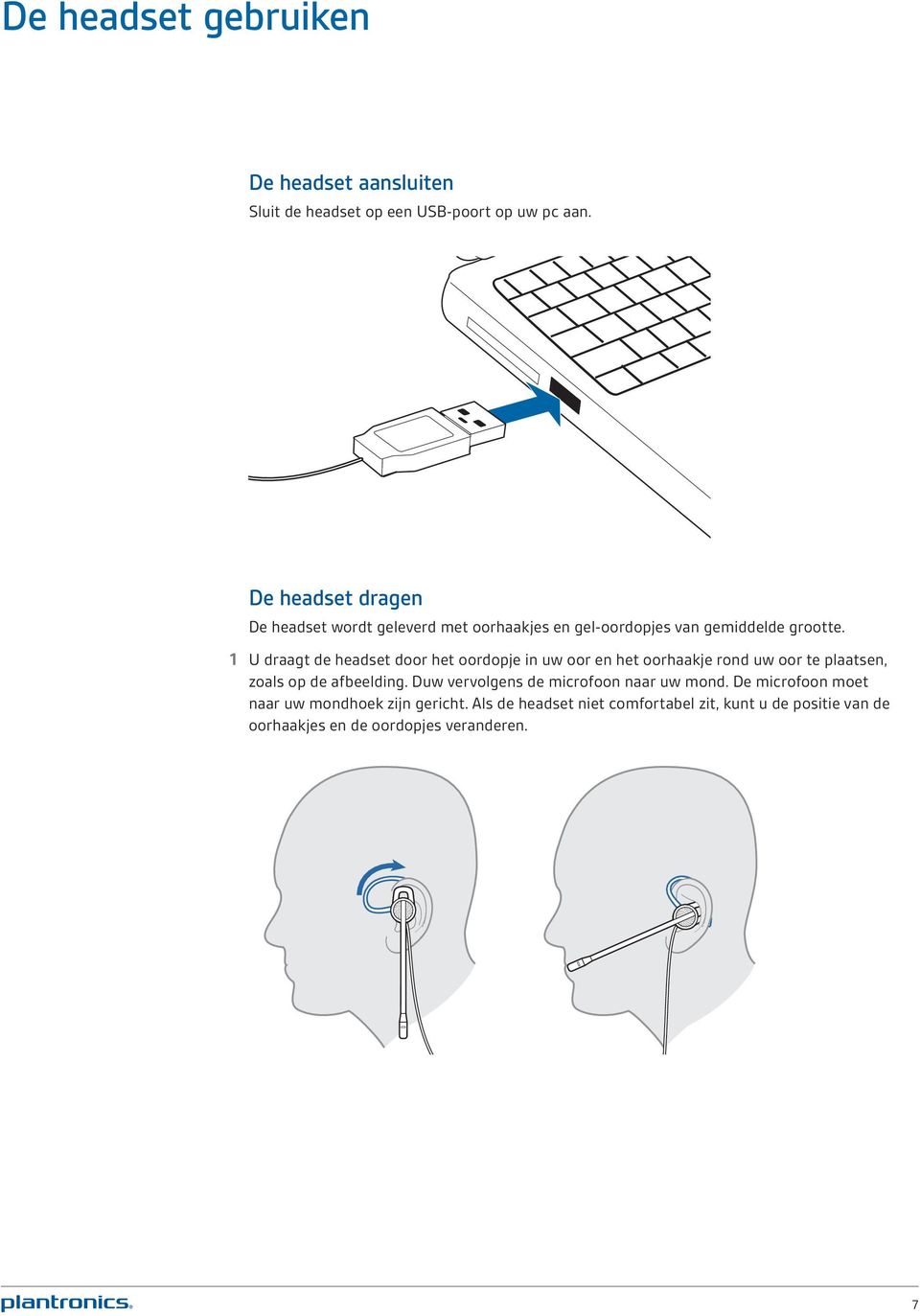 1 U draagt de headset door het oordopje in uw oor en het oorhaakje rond uw oor te plaatsen, zoals op de afbeelding.