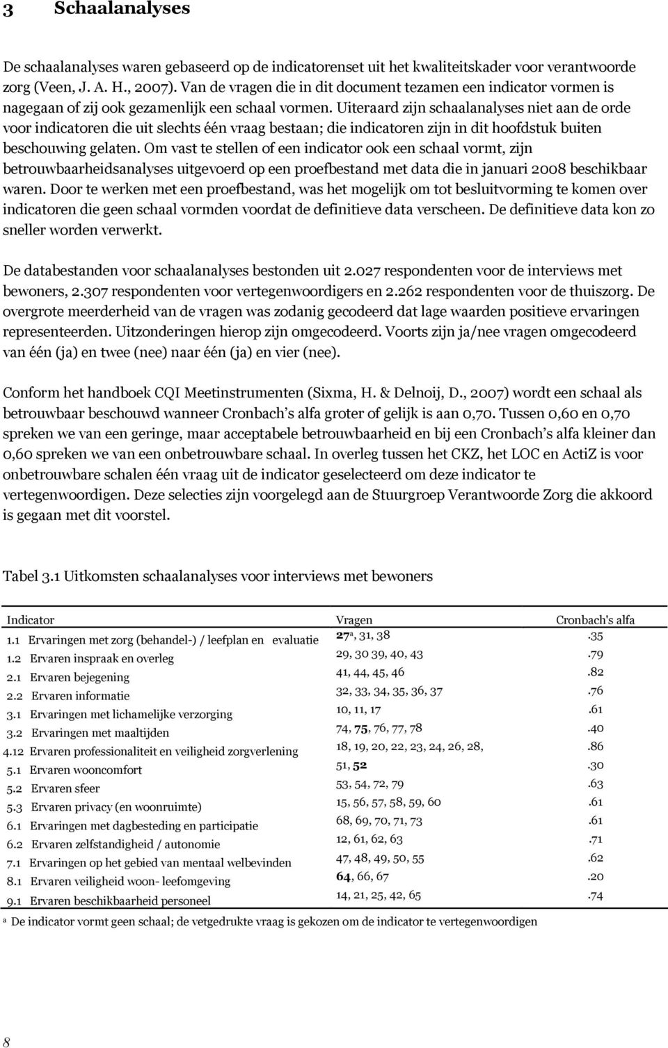 Uiteraard zijn schaalanalyses niet aan de orde voor indicatoren die uit slechts één vraag bestaan; die indicatoren zijn in dit hoofdstuk buiten beschouwing gelaten.