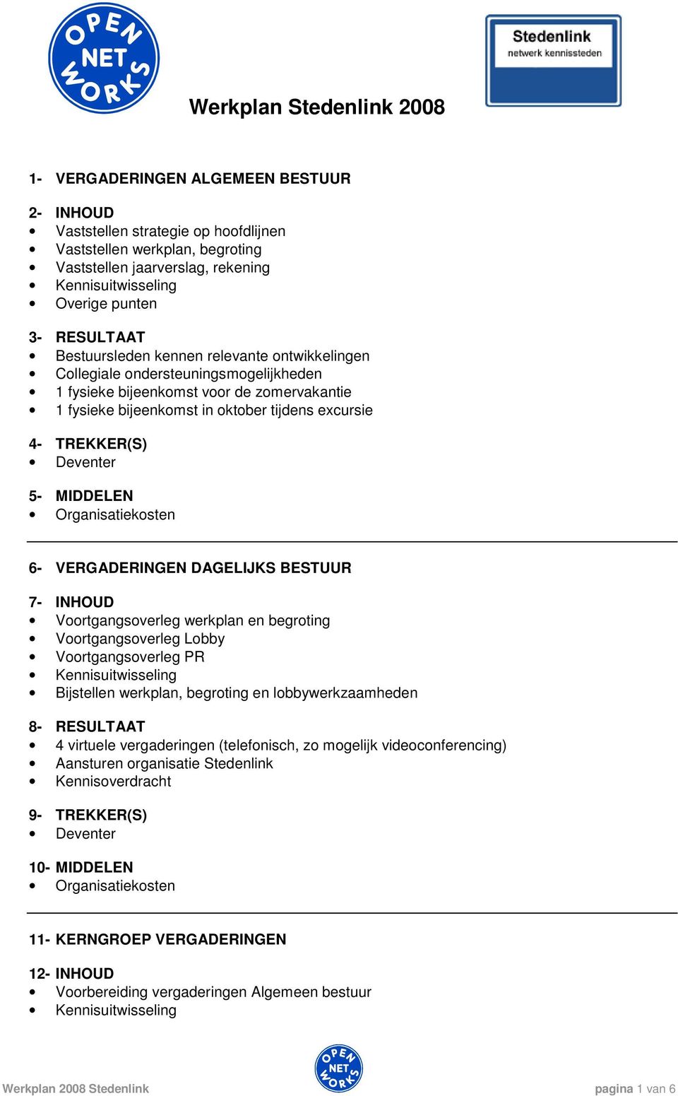 MIDDELEN 6- VERGADERINGEN DAGELIJKS BESTUUR 7- INHOUD Voortgangsoverleg werkplan en begroting Voortgangsoverleg Lobby Voortgangsoverleg PR Bijstellen werkplan, begroting en lobbywerkzaamheden 8-