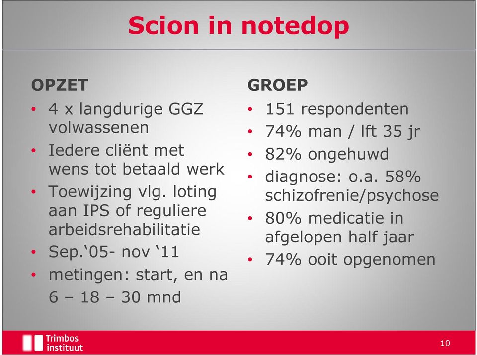 05- nov 11 metingen: start, en na 6 18 30 mnd GROEP 151 respondenten 74% man / lft 35 jr