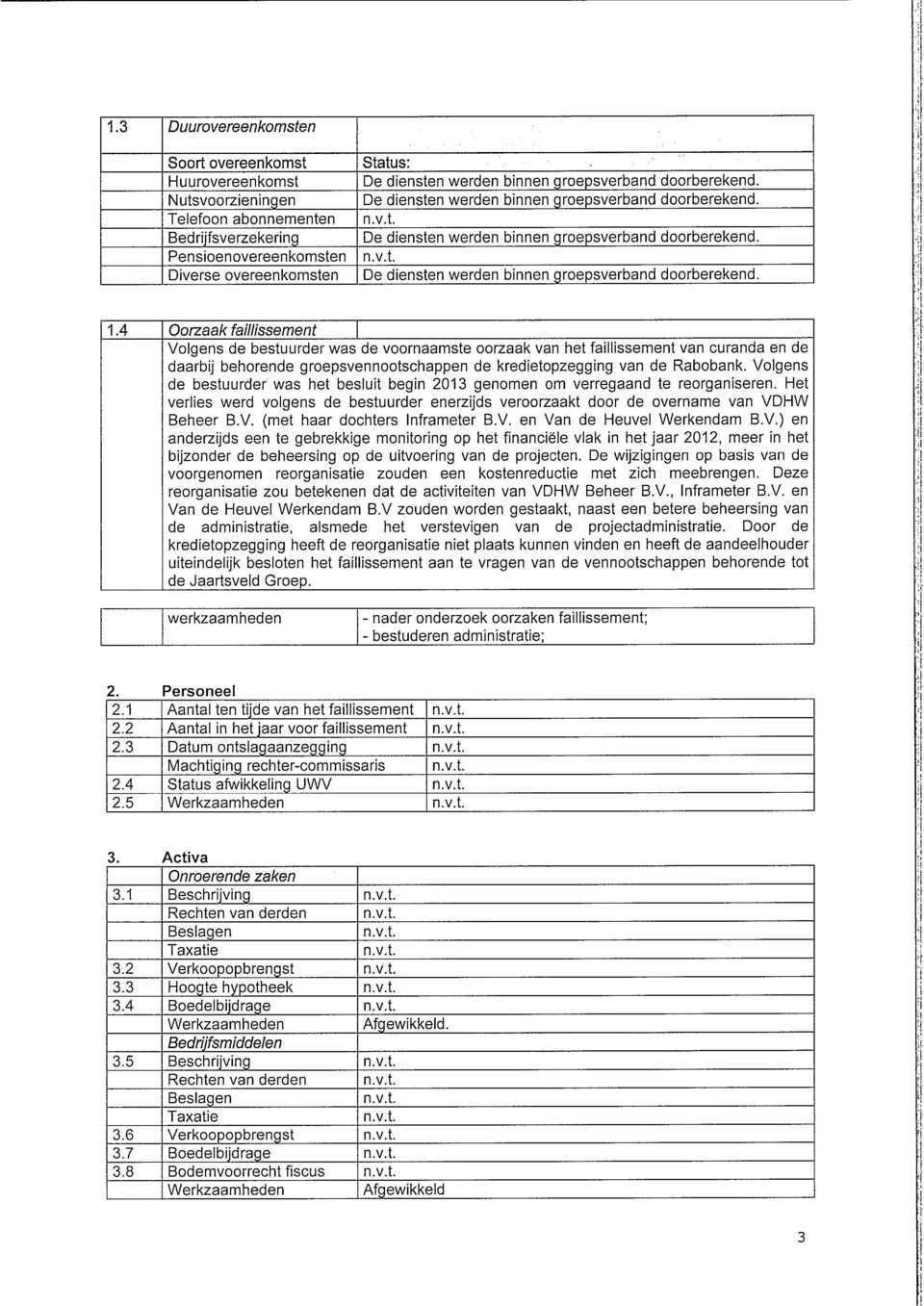 Volgens de bestuurder was het besluit begin 2013 genomen om verregaand te reorganiseren. Het verlies werd volgens de bestuurder enerzijds veroorzaakt door de overname van VDHW Beheer B.V. (met haar dochters Inframeter B.