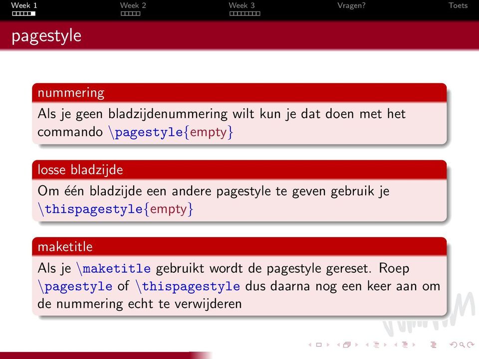 \thispagestyle{empty} maketitle Als je \maketitle gebruikt wordt de pagestyle gereset.