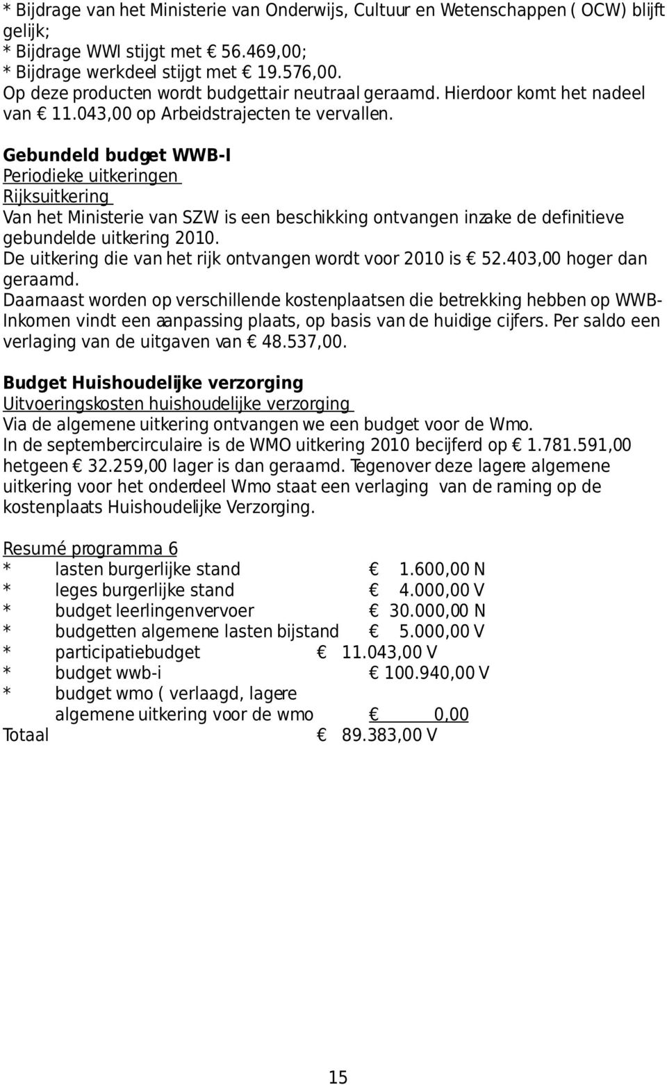 Gebundeld budget WWB-I Periodieke uitkeringen Rijksuitkering Van het Ministerie van SZW is een beschikking ontvangen inzake de definitieve gebundelde uitkering 2010.