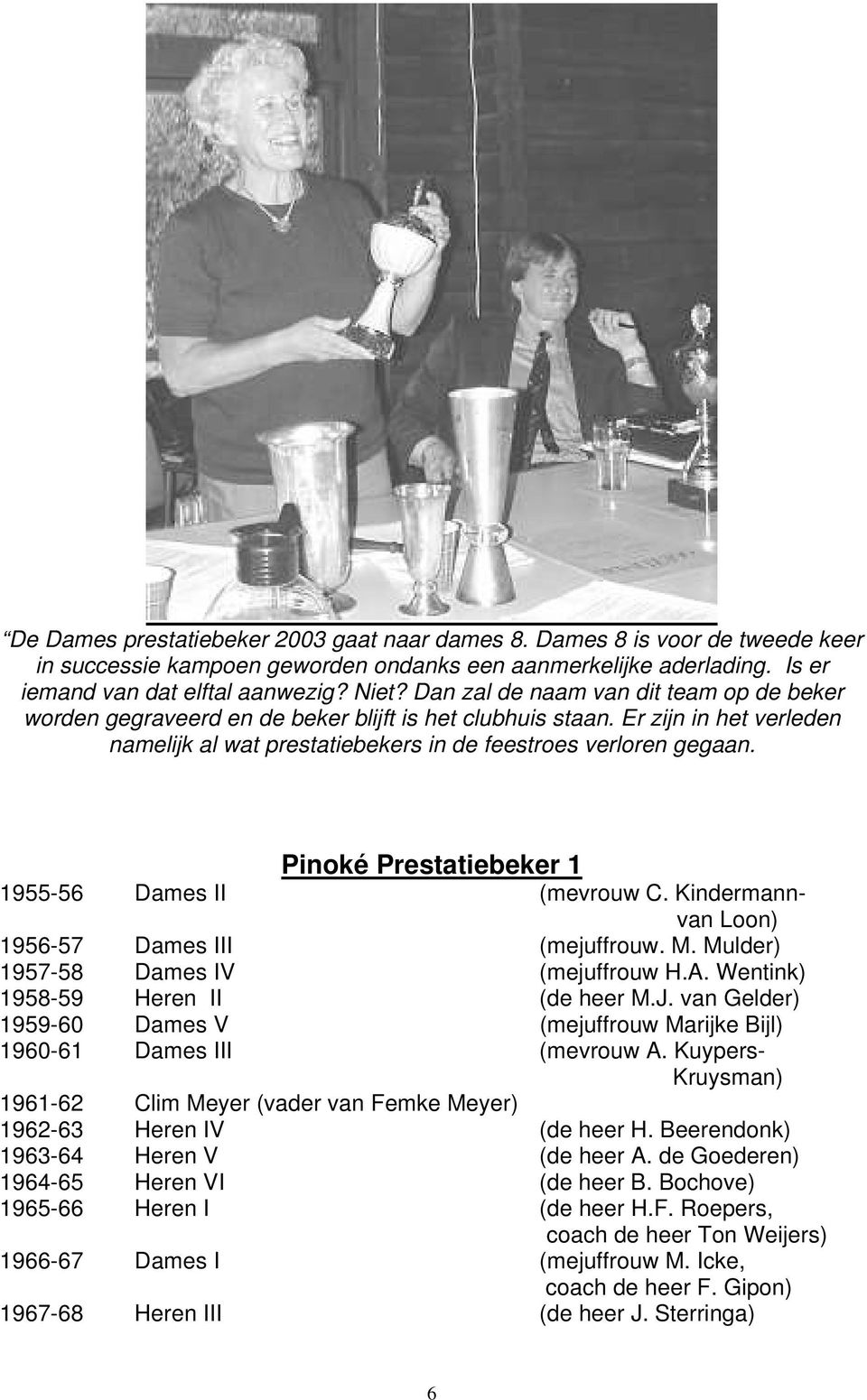 Pinoké Prestatiebeker 1 1955-56 Dames II (mevrouw C. Kindermannvan Loon) 1956-57 Dames III (mejuffrouw. M. Mulder) 1957-58 Dames IV (mejuffrouw H.A. Wentink) 1958-59 Heren II (de heer M.J.