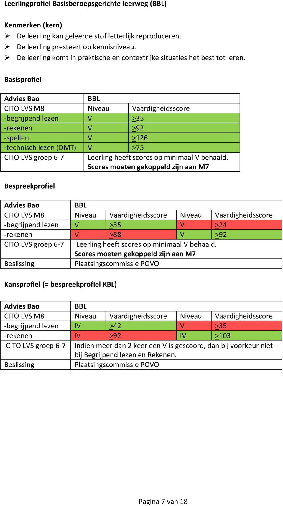 Basisprofiel BBL CITO LVS M8 Niveau Vaardigheidsscore -begrijpend lezen V >35 -rekenen V >92 -spellen V >126 -technisch lezen (DMT) V >75 CITO LVS groep 6-7 Leerling heeft scores op minimaal V