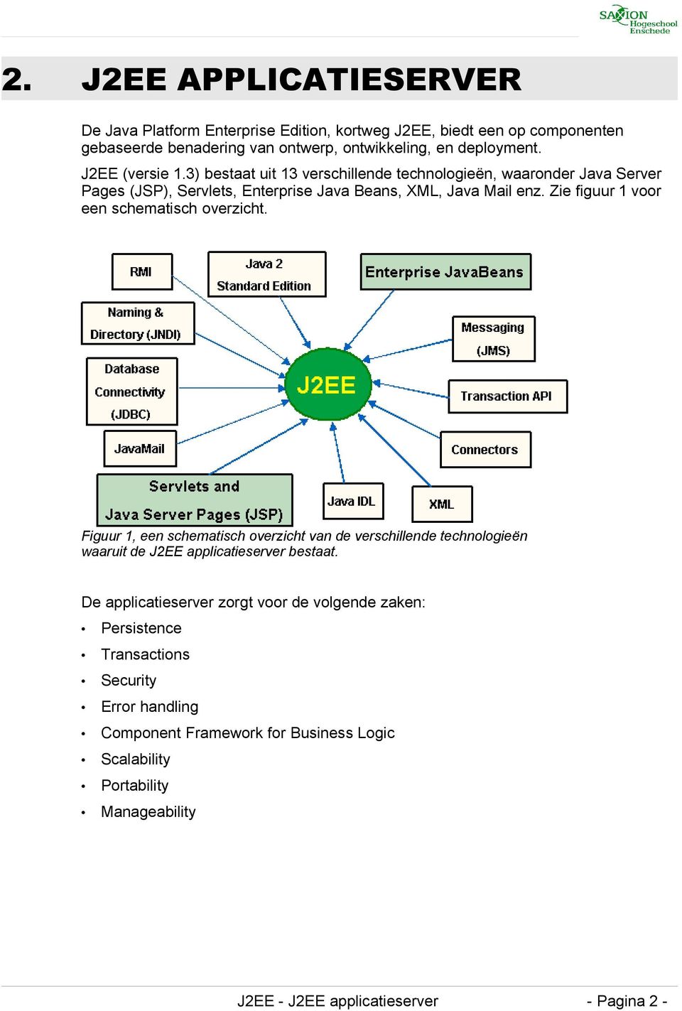 Zie figuur 1 voor een schematisch overzicht. Figuur 1, een schematisch overzicht van de verschillende technologieën waaruit de J2EE applicatieserver bestaat.