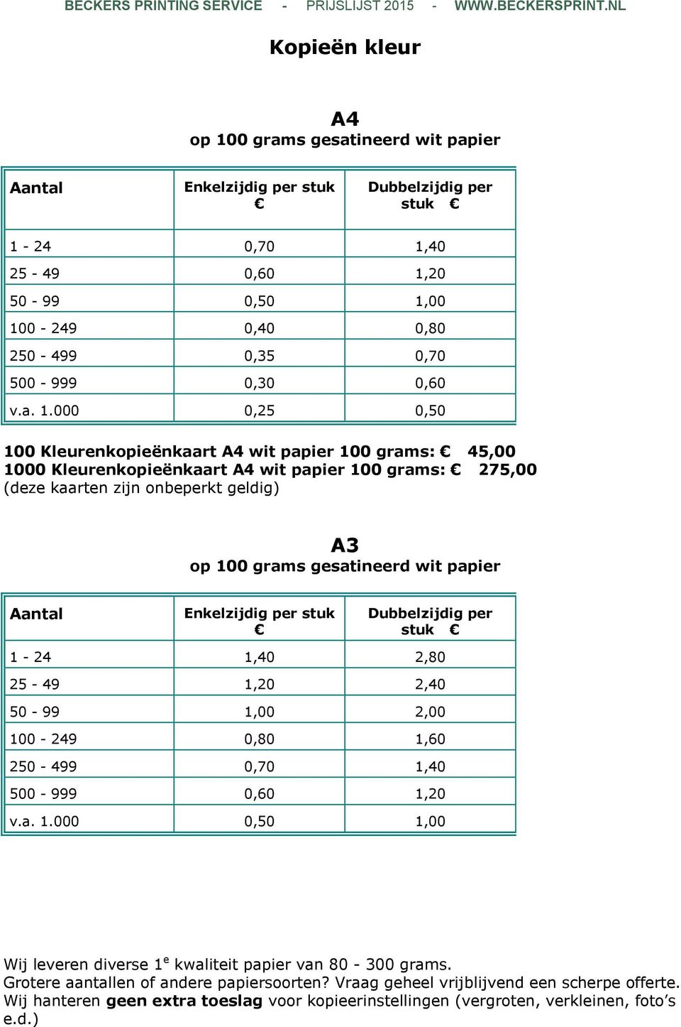 000 0,25 0,50 100 Kleurenkopieënkaart A4 wit papier 100 grams: 45,00 1000 Kleurenkopieënkaart A4 wit papier 100 grams: 275,00 (deze kaarten zijn onbeperkt geldig) A3 op 100 grams gesatineerd wit