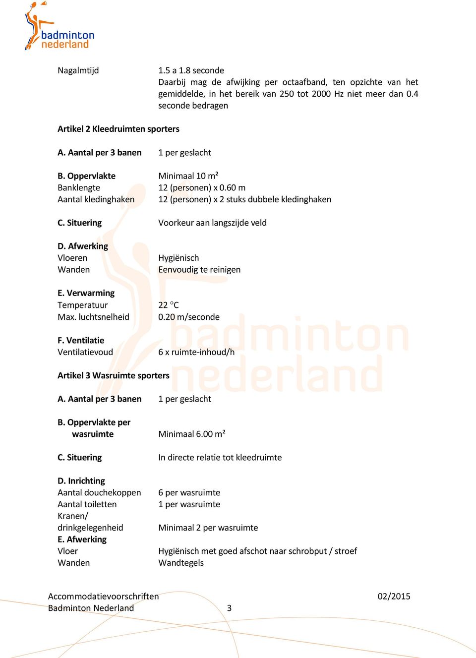 60 m Aantal kledinghaken 12 (personen) x 2 stuks dubbele kledinghaken C. Situering Voorkeur aan langszijde veld D. Afwerking Vloeren Wanden E. Verwarming Temperatuur Max. luchtsnelheid F.