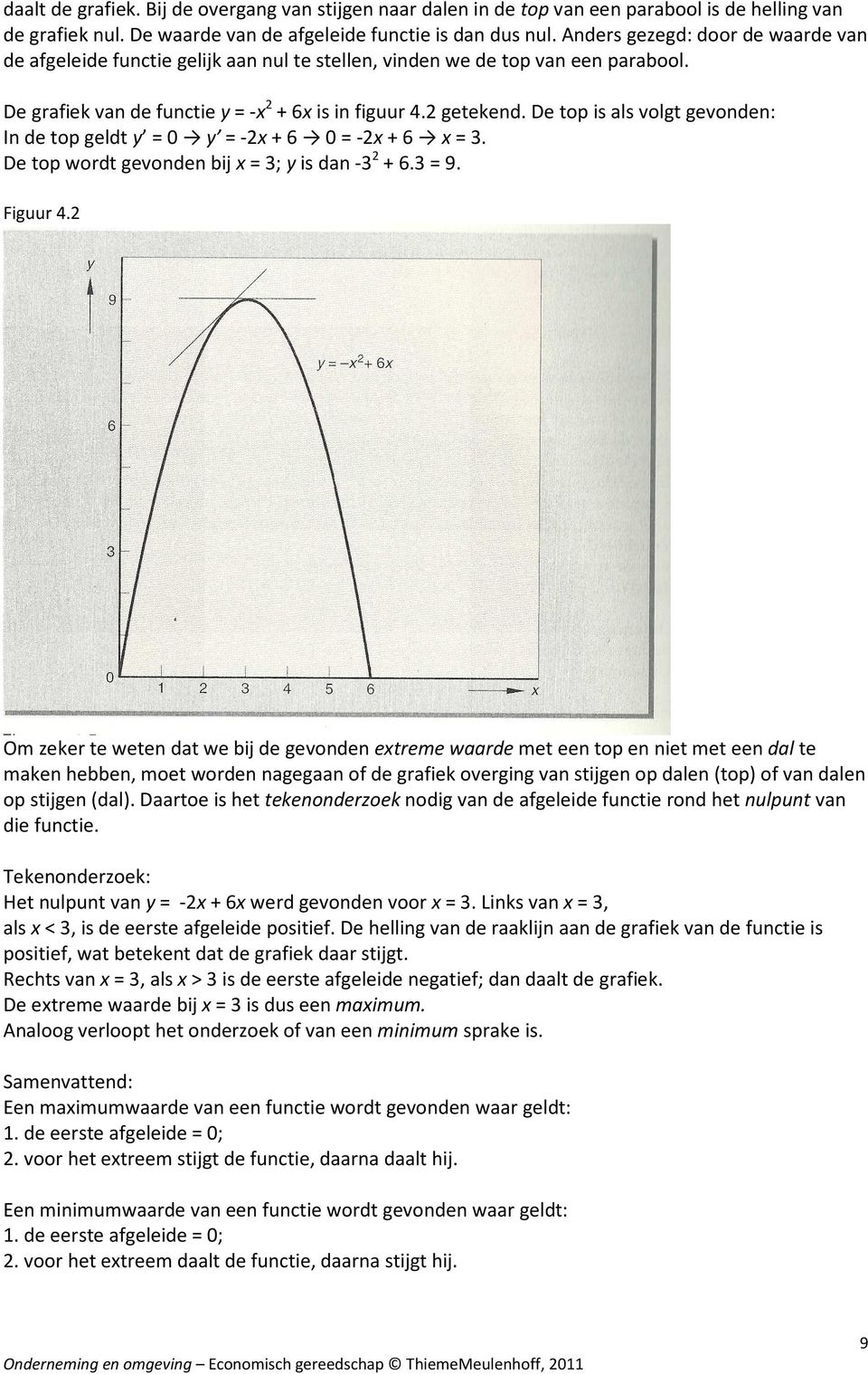 De top is als volgt gevonden: In de top geldt y = 0 y = -2x + 6 0 = -2x + 6 x = 3. De top wordt gevonden bij x = 3; y is dan -3 2 + 6.3 = 9. Figuur 4.