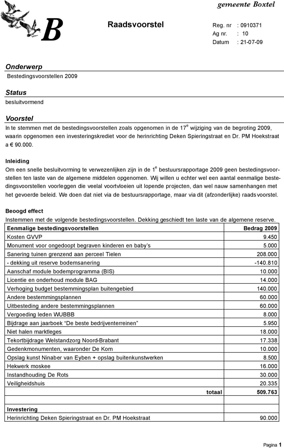 investeringskrediet voor de herinrichting Deken Spieringstraat en Dr. PM Hoekstraat a 90.000.