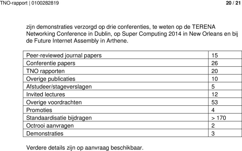 Peer-reviewed journal papers 15 Conferentie papers 26 TNO rapporten 20 Overige publicaties 10 Afstudeer/stageverslagen 5