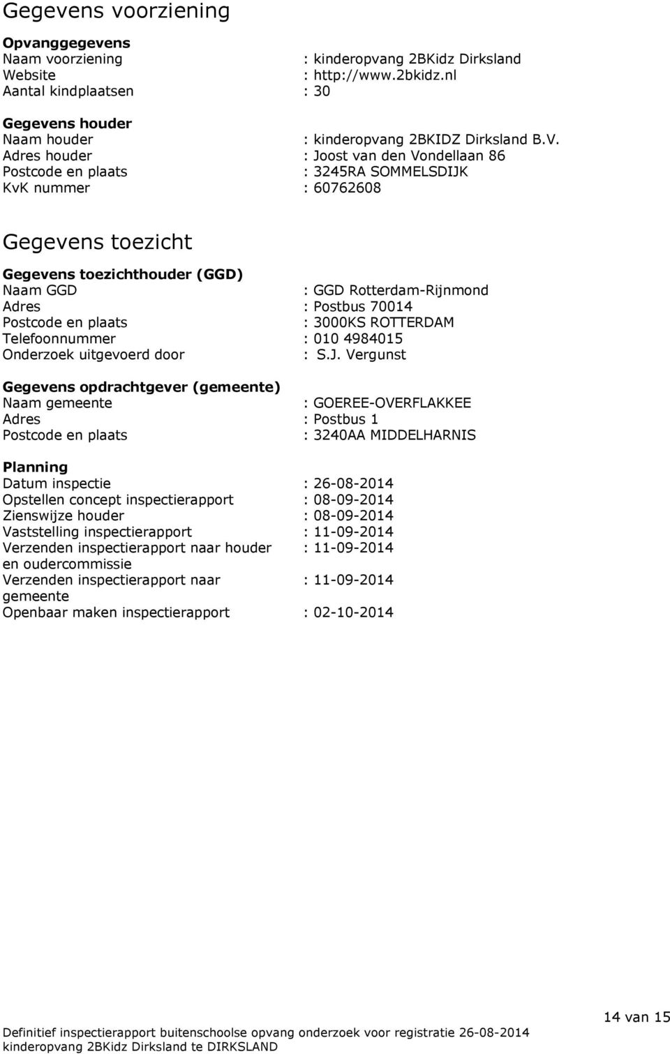 Adres houder : Joost van den Vondellaan 86 Postcode en plaats : 3245RA SOMMELSDIJK KvK nummer : 60762608 Gegevens toezicht Gegevens toezichthouder (GGD) Naam GGD : GGD Rotterdam-Rijnmond Adres :