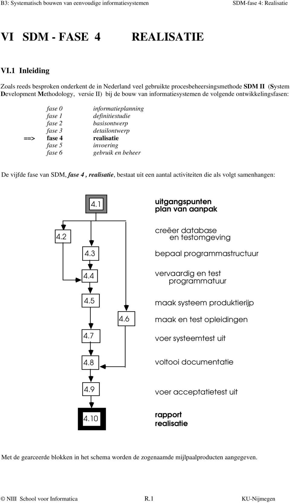 ontwikkelingsfasen: fase 0 informatieplanning fase 1 definitiestudie fase 2 basisontwerp fase 3 detailontwerp ==> fase 4 realisatie fase 5 invoering fase 6 gebruik en beheer De vijfde fase van SDM,