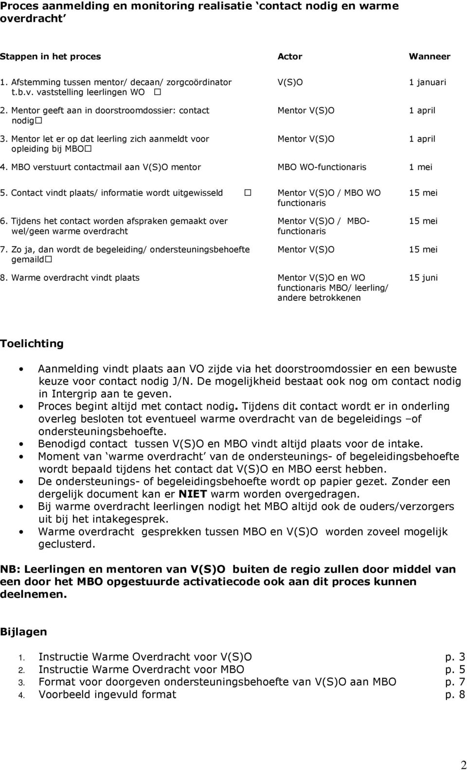 MBO verstuurt contactmail aan V(S)O mentor MBO WO-functionaris 1 mei 5. Contact vindt plaats/ informatie wordt uitgewisseld Mentor V(S)O / MBO WO functionaris 15 mei 6.