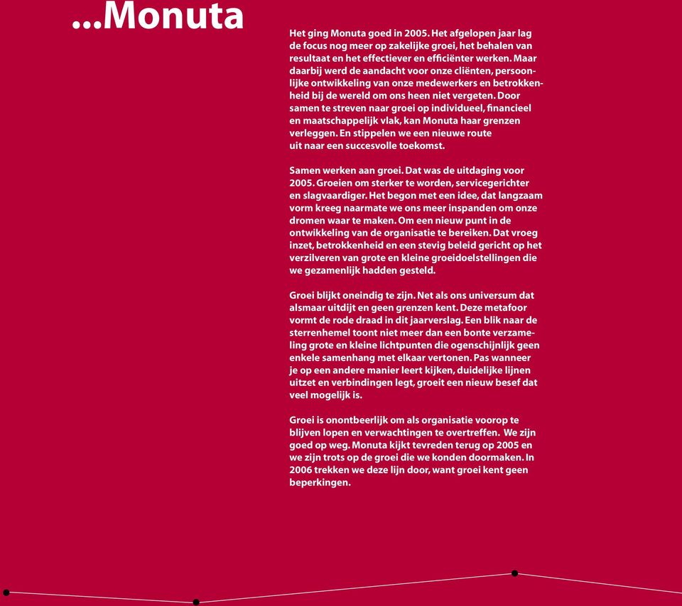 Door samen te streven naar groei op individueel, financieel en maatschappelijk vlak, kan Monuta haar grenzen verleggen. En stippelen we een nieuwe route uit naar een succesvolle toekomst.