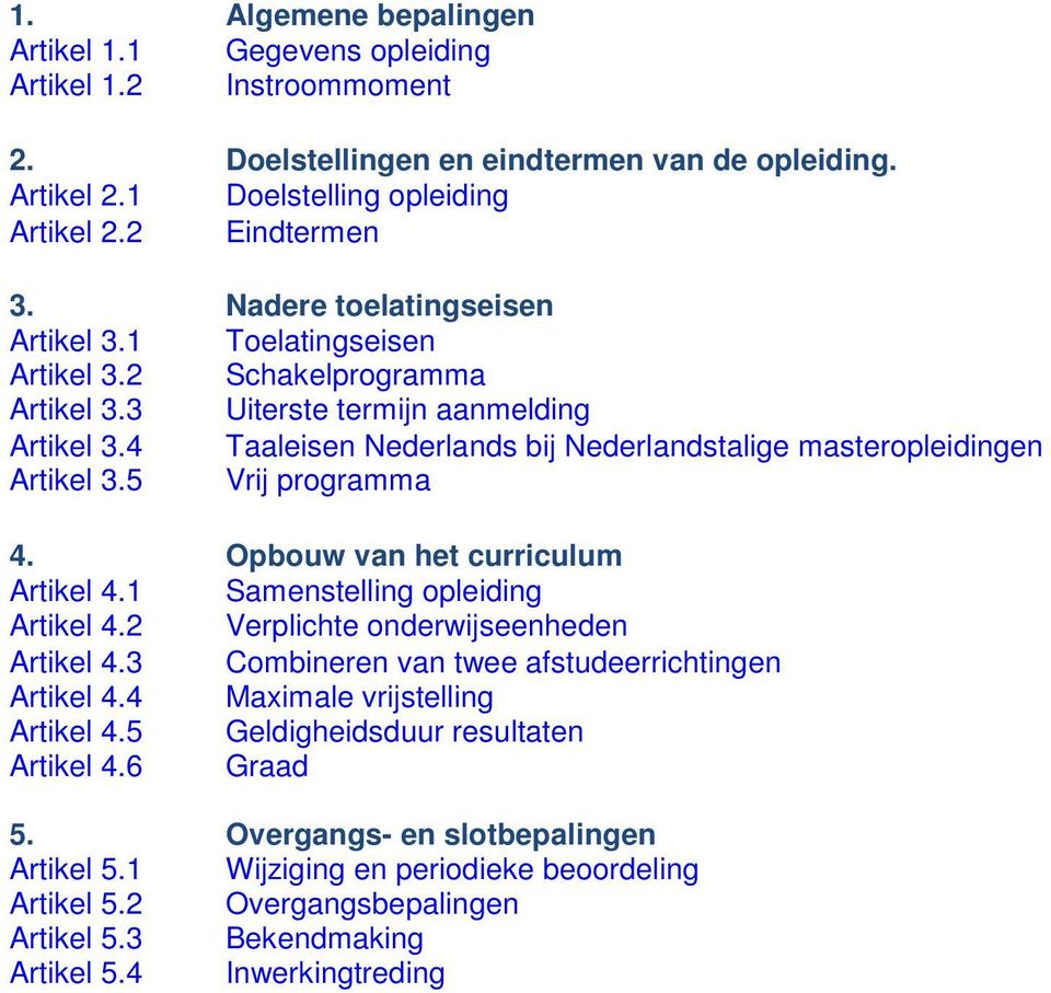 4 Taaleisen Nederlands bij Nederlandstalige masteropleidingen Artikel 3.5 Vrij programma 4. Opbouw van het curriculum Artikel 4.1 Samenstelling opleiding Artikel 4.