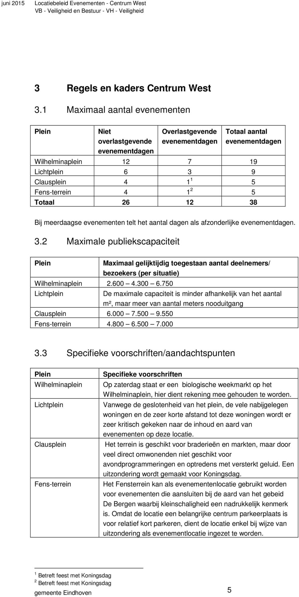 evenementen telt het aantal dagen als afzonderlijke. 3.2 Maximale publiekscapaciteit Maximaal gelijktijdig toegestaan aantal deelnemers/ bezoekers (per situatie) Wilhelminaplein 2.600 4.300 6.