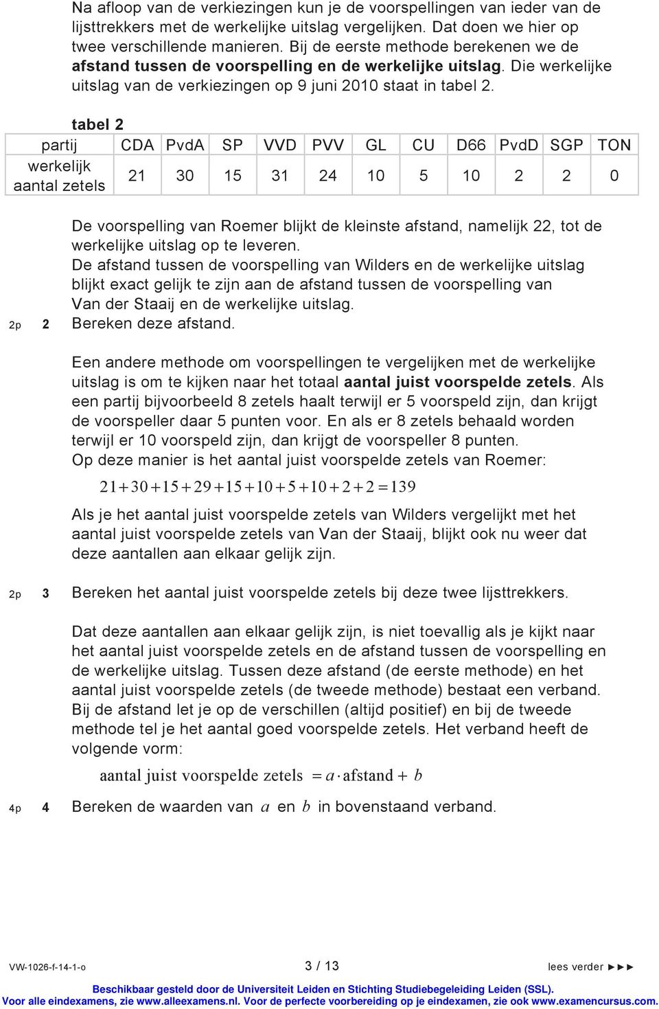 tabel 2 partij CDA PvdA SP VVD PVV GL CU D66 PvdD SGP TON werkelijk 21 30 15 31 24 10 5 10 2 2 0 aantal zetels De voorspelling van Roemer blijkt de kleinste afstand, namelijk 22, tot de werkelijke