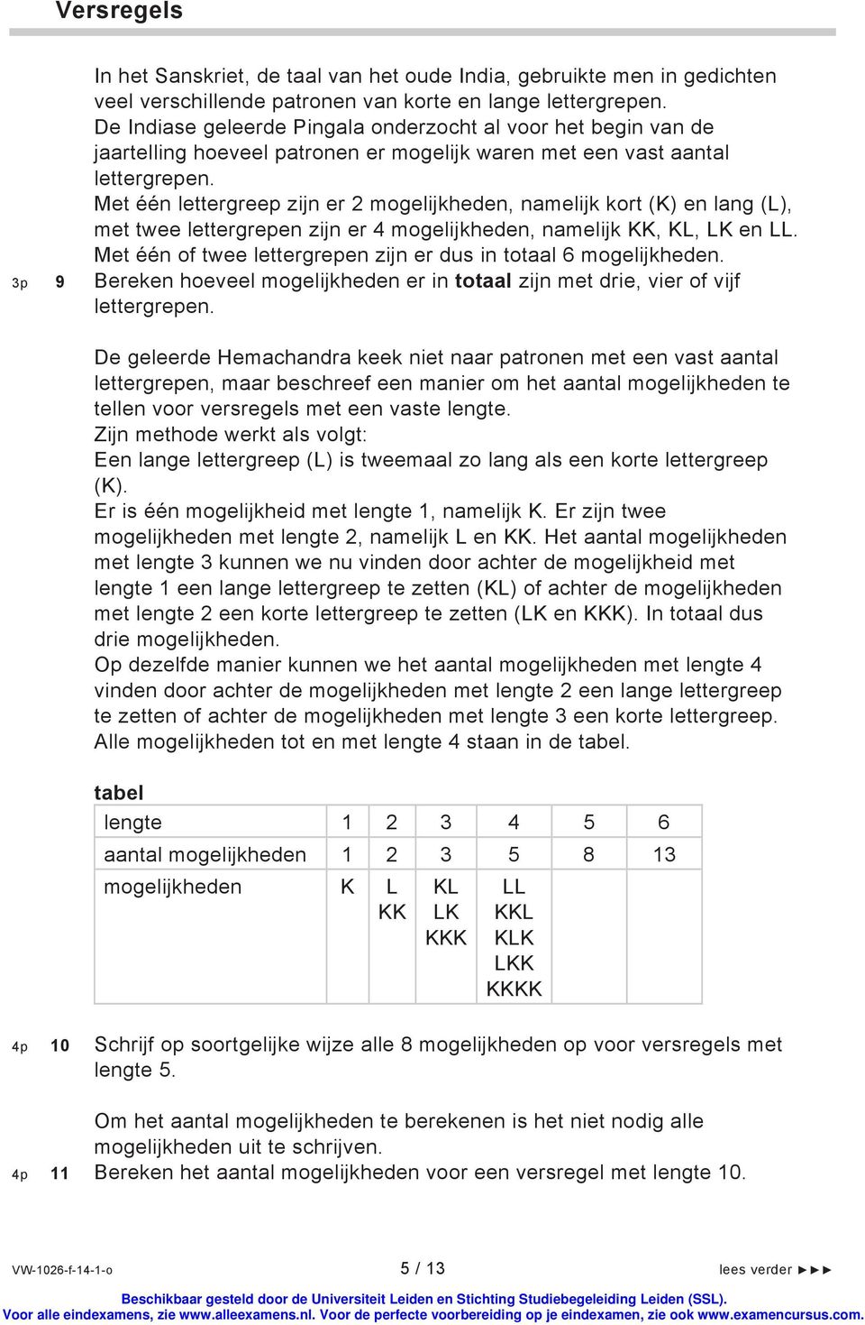 Met één lettergreep zijn er 2 mogelijkheden, namelijk kort (K) en lang (L), met twee lettergrepen zijn er 4 mogelijkheden, namelijk KK, KL, LK en LL.