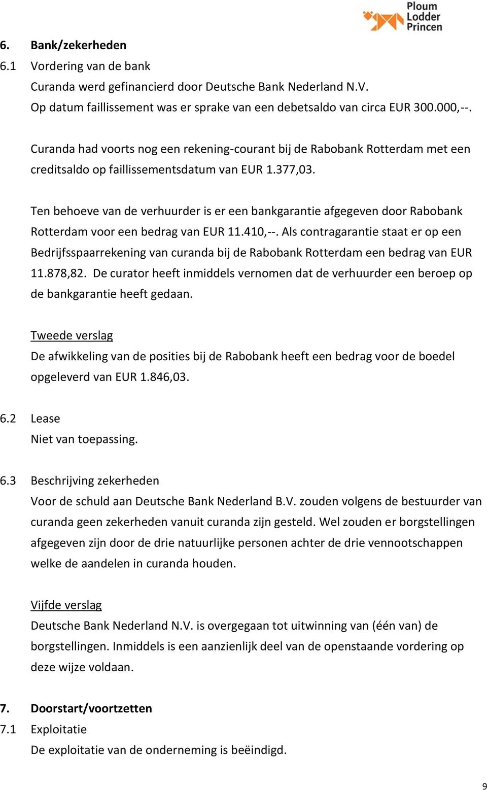 Ten behoeve van de verhuurder is er een bankgarantie afgegeven door Rabobank Rotterdam voor een bedrag van EUR 11.410,--.