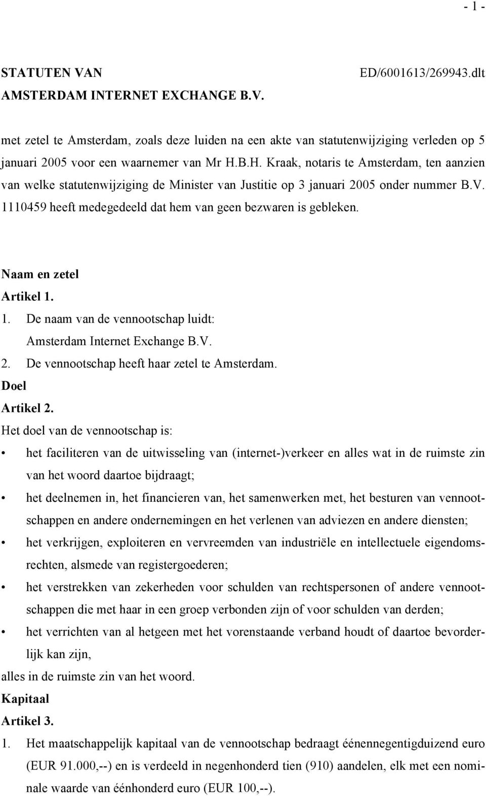 B.H. Kraak, notaris te Amsterdam, ten aanzien van welke statutenwijziging de Minister van Justitie op 3 januari 2005 onder nummer B.V. 1110459 heeft medegedeeld dat hem van geen bezwaren is gebleken.