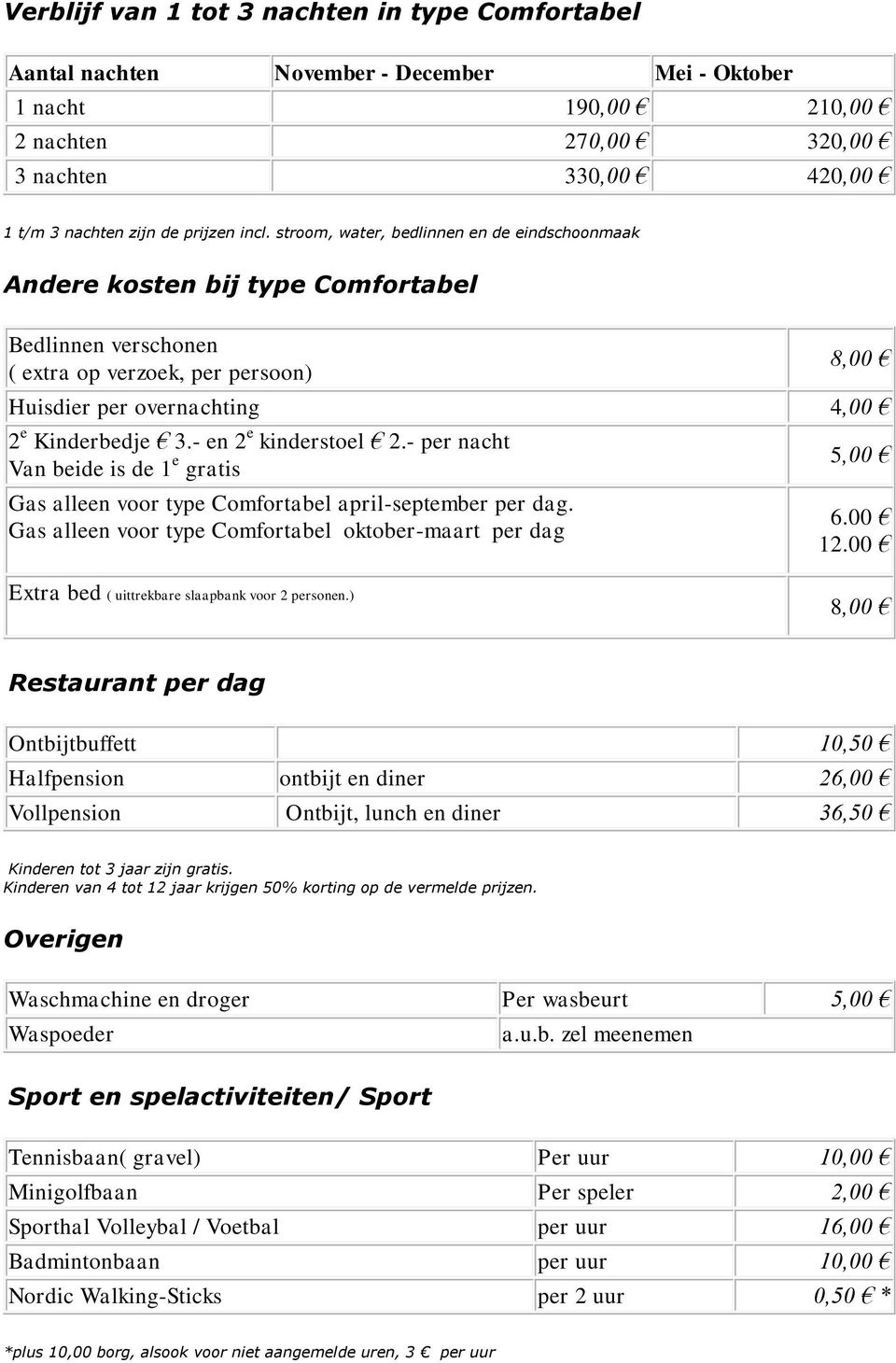 - en 2 e kinderstoel 2.- per nacht Van beide is de 1 e gratis Gas alleen voor type Comfortabel april-september per dag. Gas alleen voor type Comfortabel oktober-maart per dag 5,00 6.00 12.