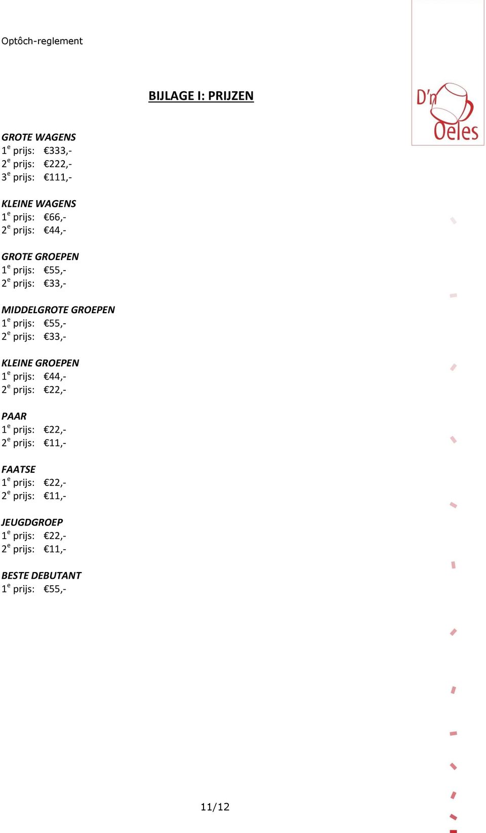 prijs: 33,- KLEINE GROEPEN 1 e prijs: 44,- 2 e prijs: 22,- PAAR 1 e prijs: 22,- 2 e prijs: 11,- FAATSE 1 e