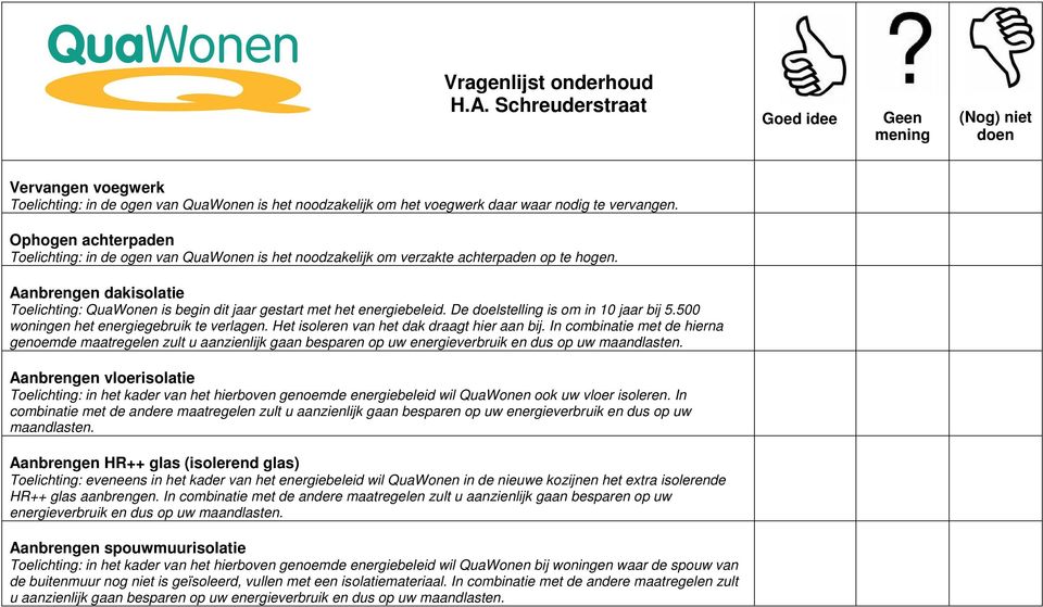 Aanbrengen dakisolatie Toelichting: QuaWonen is begin dit jaar gestart met het energiebeleid. De doelstelling is om in 10 jaar bij 5.500 woningen het energiegebruik te verlagen.