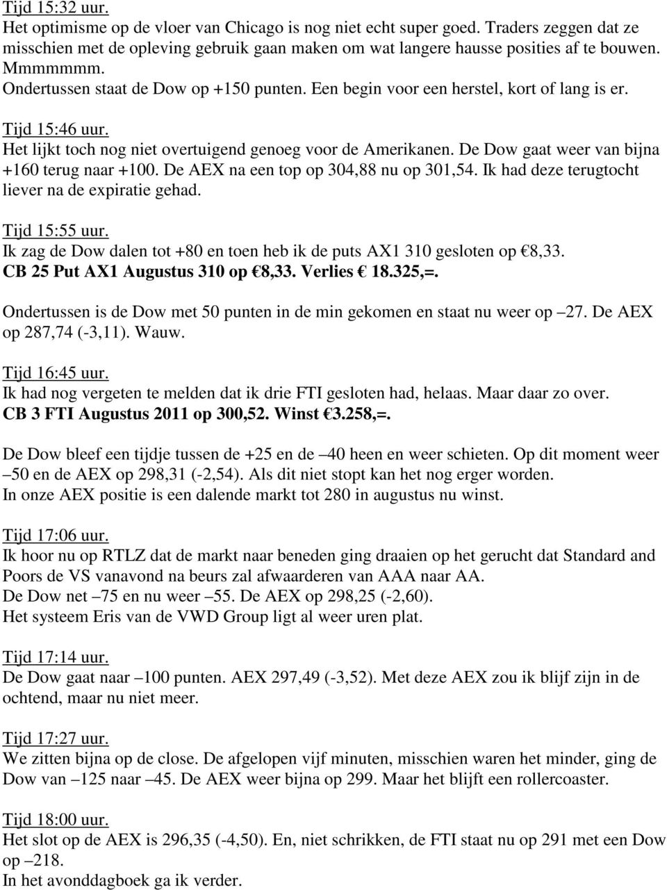 De Dow gaat weer van bijna +160 terug naar +100. De AEX na een top op 304,88 nu op 301,54. Ik had deze terugtocht liever na de expiratie gehad. Tijd 15:55 uur.