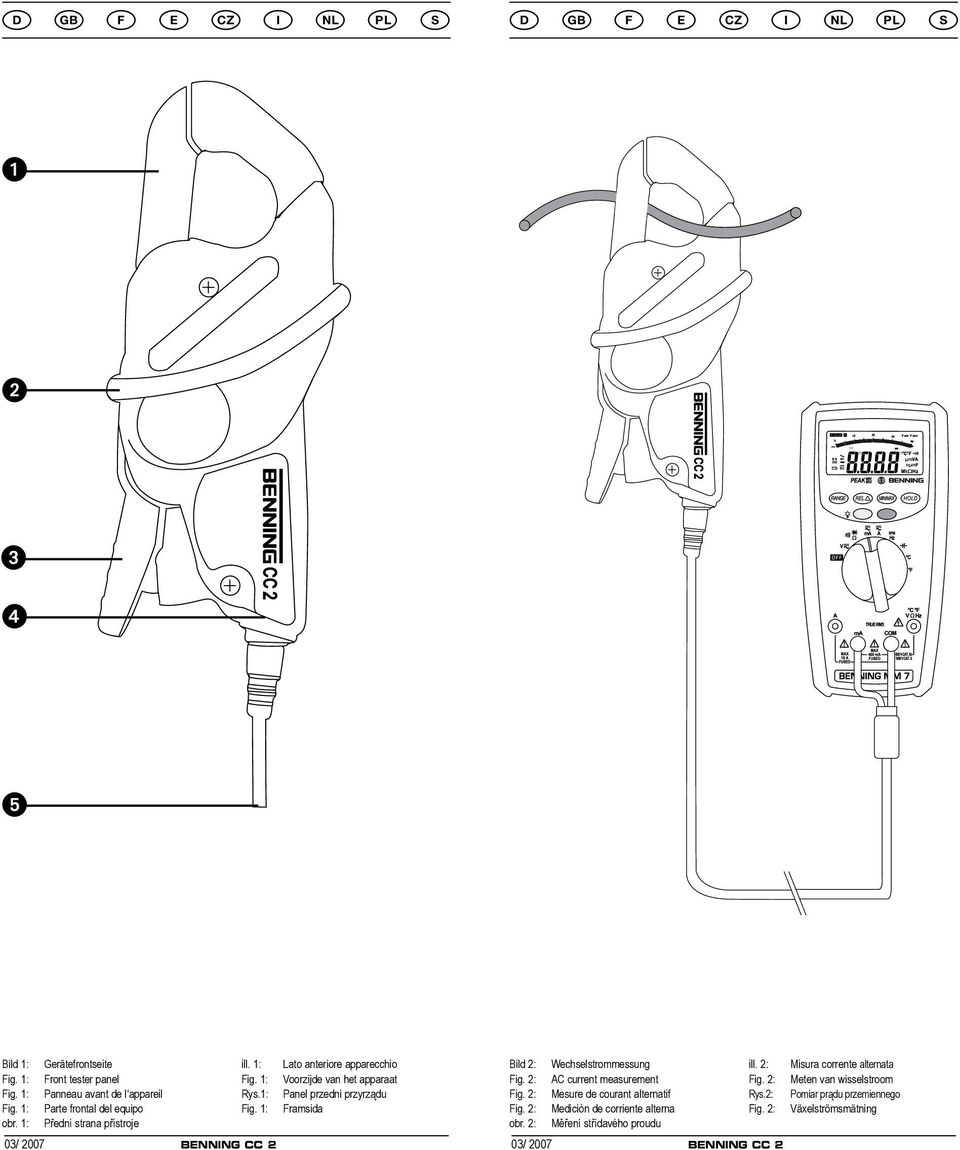 1: Přední strana přístroje 03/ 2007 BENNING CC 2 Bild 2: Wechselstrommessung ill. 2: Misura corrente alternata Fig. 2: AC current measurement Fig.