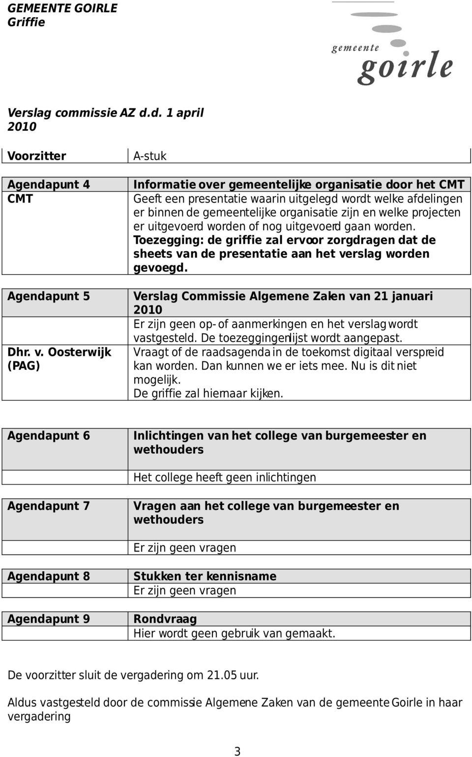 projecten er uitgevoerd worden of nog uitgevoerd gaan worden. Toezegging: de griffie zal ervoor zorgdragen dat de sheets van de presentatie aan het verslag worden gevoegd.