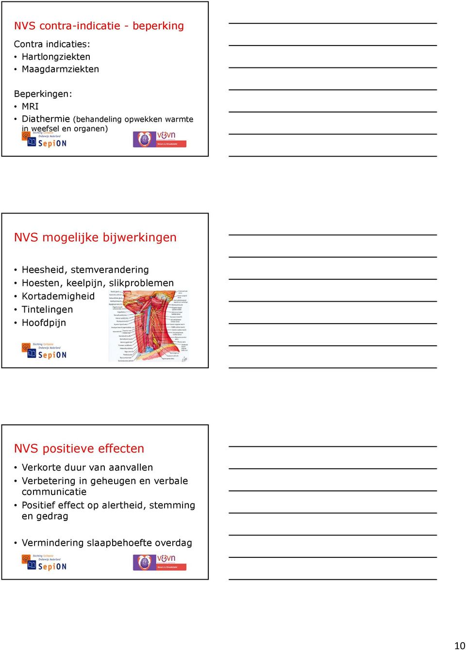 keelpijn, slikproblemen Kortademigheid Tintelingen Hoofdpijn NVS positieve effecten Verkorte duur van aanvallen