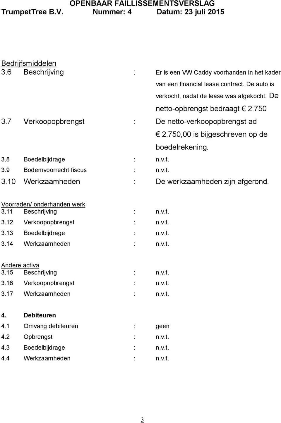 Voorraden/ onderhanden werk 3.11 Beschrijving : n.v.t. 3.12 Verkoopopbrengst : n.v.t. 3.13 Boedelbijdrage : n.v.t. 3.14 Werkzaamheden : n.v.t. Andere activa 3.15 Beschrijving : n.v.t. 3.16 Verkoopopbrengst : n.