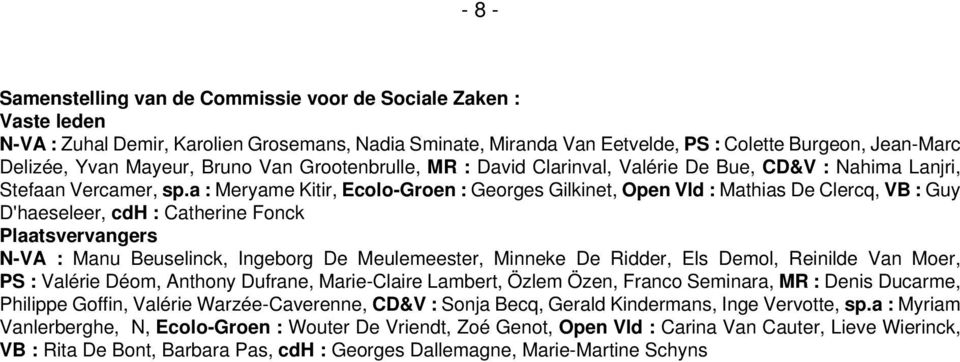 a : Meryame Kitir, Ecolo-Groen : Georges Gilkinet, Open Vld : Mathias De Clercq, VB : Guy D'haeseleer, cdh : Catherine Fonck Plaatsvervangers N-VA : Manu Beuselinck, Ingeborg De Meulemeester, Minneke