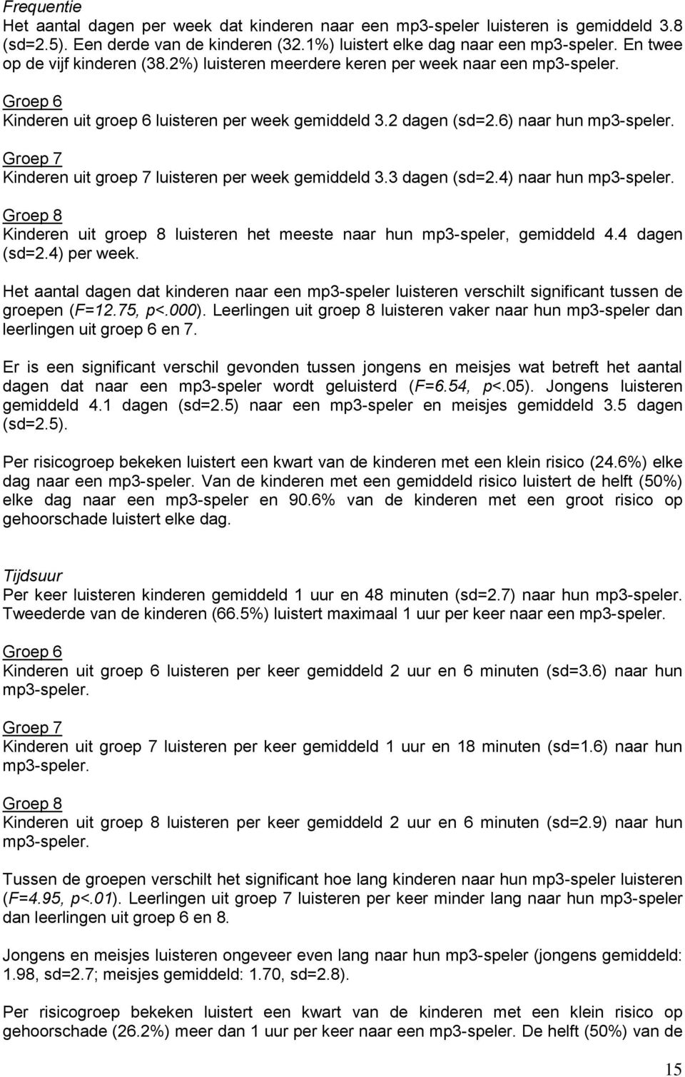 Groep 7 Kinderen uit groep 7 luisteren per week gemiddeld 3.3 dagen (sd=2.4) naar hun mp3-speler. Groep 8 Kinderen uit groep 8 luisteren het meeste naar hun mp3-speler, gemiddeld 4.4 dagen (sd=2.