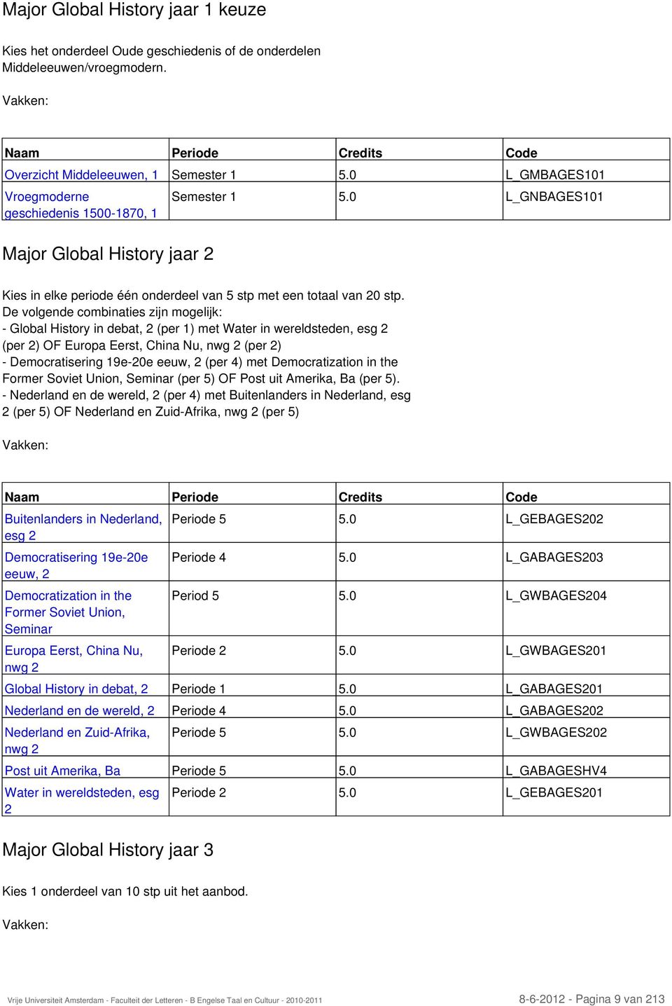 De volgende combinaties zijn mogelijk: - Global History in debat, 2 (per 1) met Water in wereldsteden, esg 2 (per 2) OF Europa Eerst, China Nu, nwg 2 (per 2) - Democratisering 19e-20e eeuw, 2 (per 4)