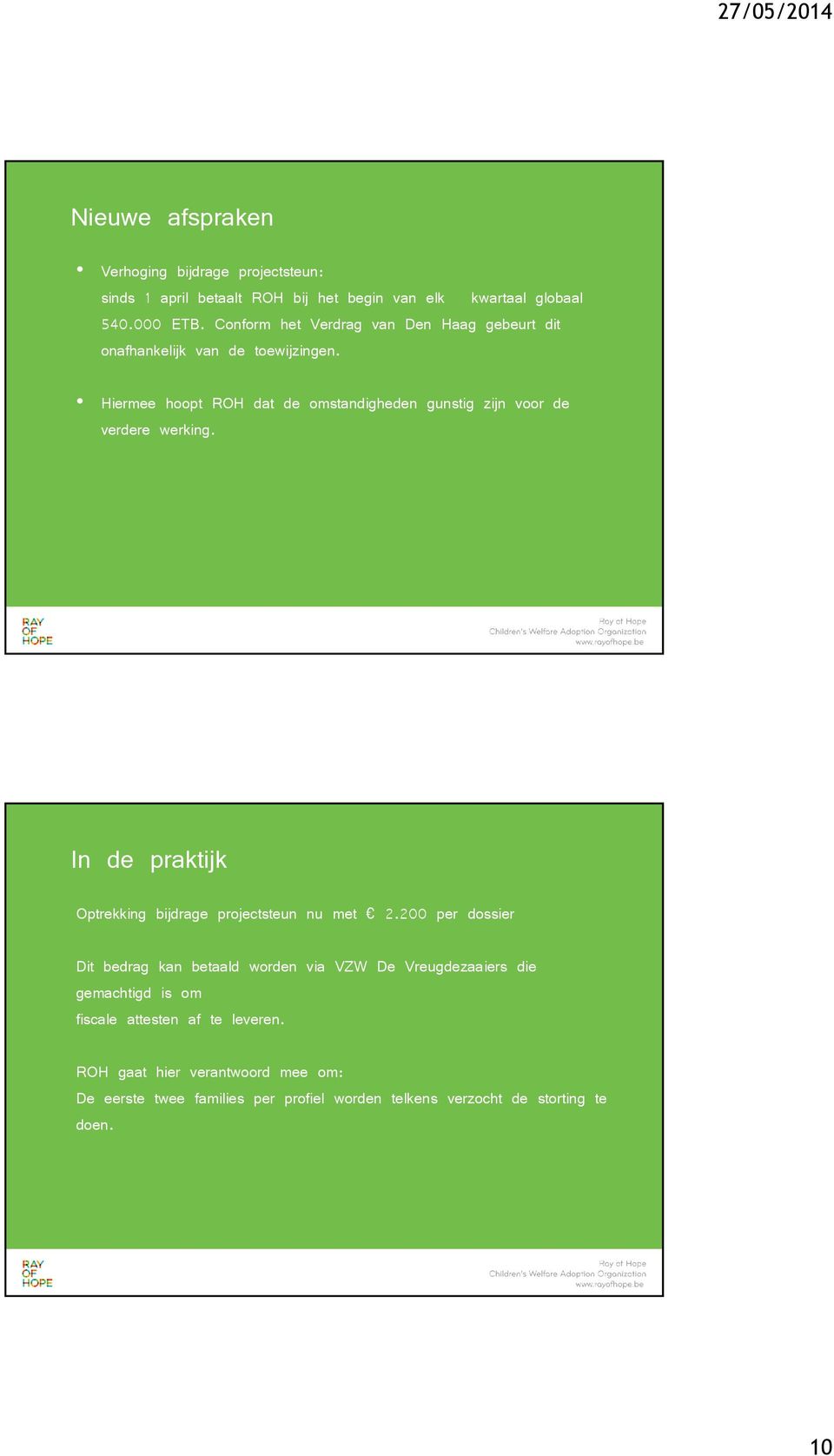 Hiermee hoopt ROH dat de omstandigheden gunstig zijn voor de verdere werking. In de praktijk Optrekking bijdrage projectsteun nu met 2.