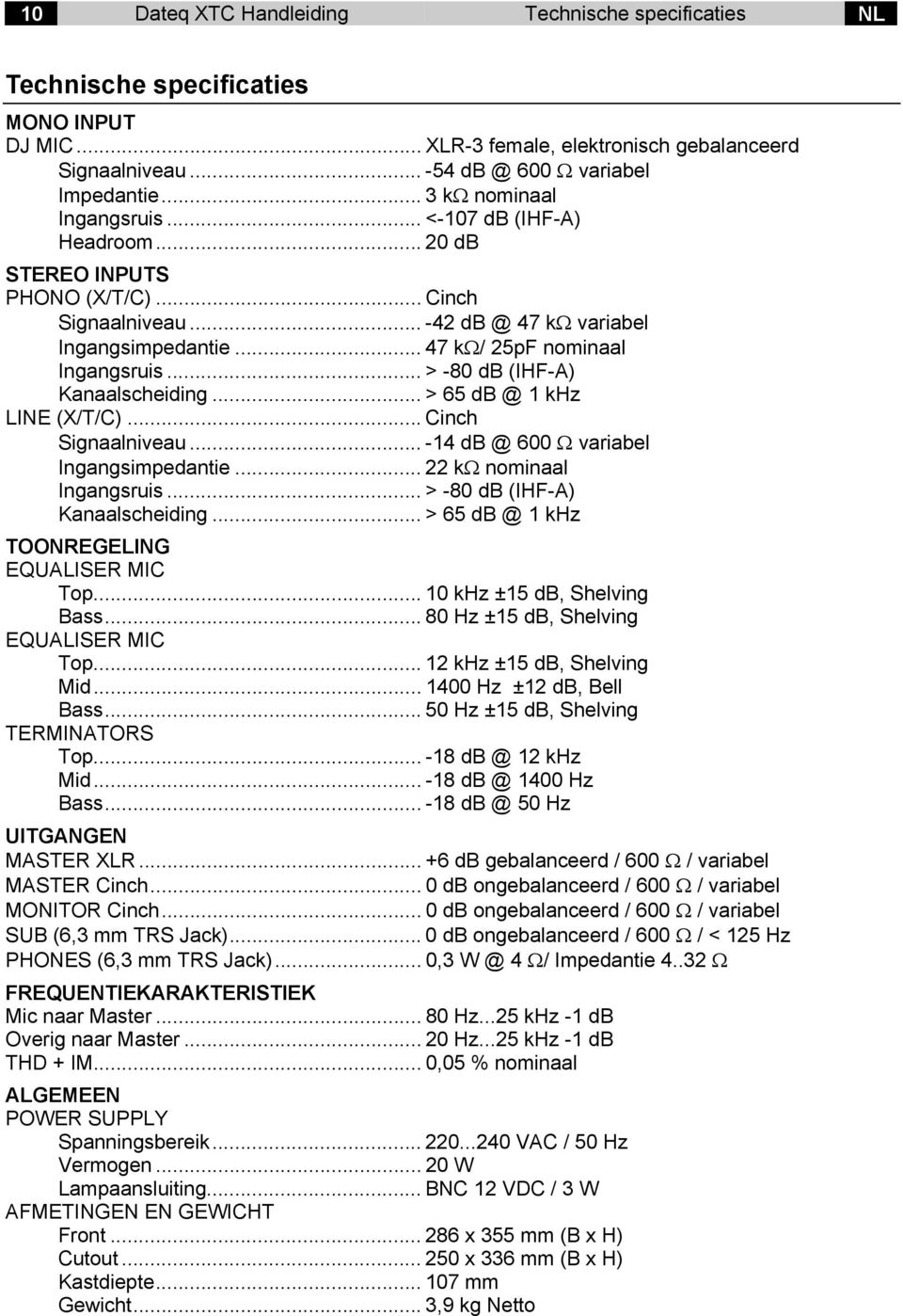 .. > -80 db (IHF-A) Kanaalscheiding... > 65 db @ 1 khz LINE (X/T/C)... Cinch Signaalniveau... -14 db @ 600 Ω variabel Ingangsimpedantie... 22 kω nominaal Ingangsruis... > -80 db (IHF-A) Kanaalscheiding... > 65 db @ 1 khz TOONREGELING EQUALISER MIC Top.