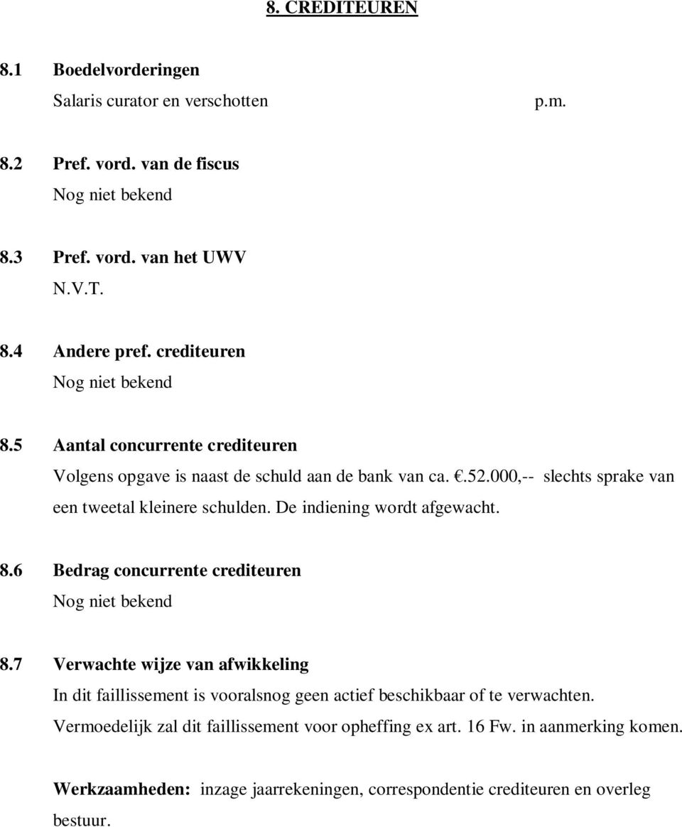 De indiening wordt afgewacht. 8.6 Bedrag concurrente crediteuren 8.