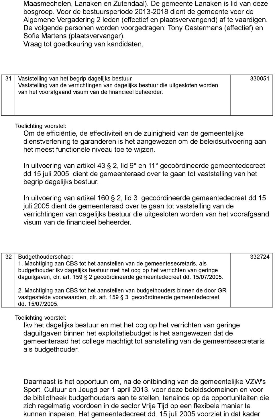 De volgende personen worden voorgedragen: Tony Castermans (effectief) en Sofie Martens (plaatsvervanger). Vraag tot goedkeuring van kandidaten. 31 Vaststelling van het begrip dagelijks bestuur.