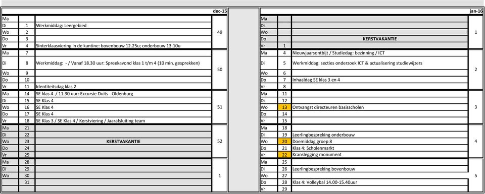 gesprekken) Di 5 Werkmiddag: secties onderzoek ICT & actualisering studiewijzers Wo 9 50 Wo 6 2 Do 10 Do 7 Inhaaldag SE klas 3 en 4 Vr 11 Identiteitsdag klas 2 Vr 8 14 SE klas 4 / 11.