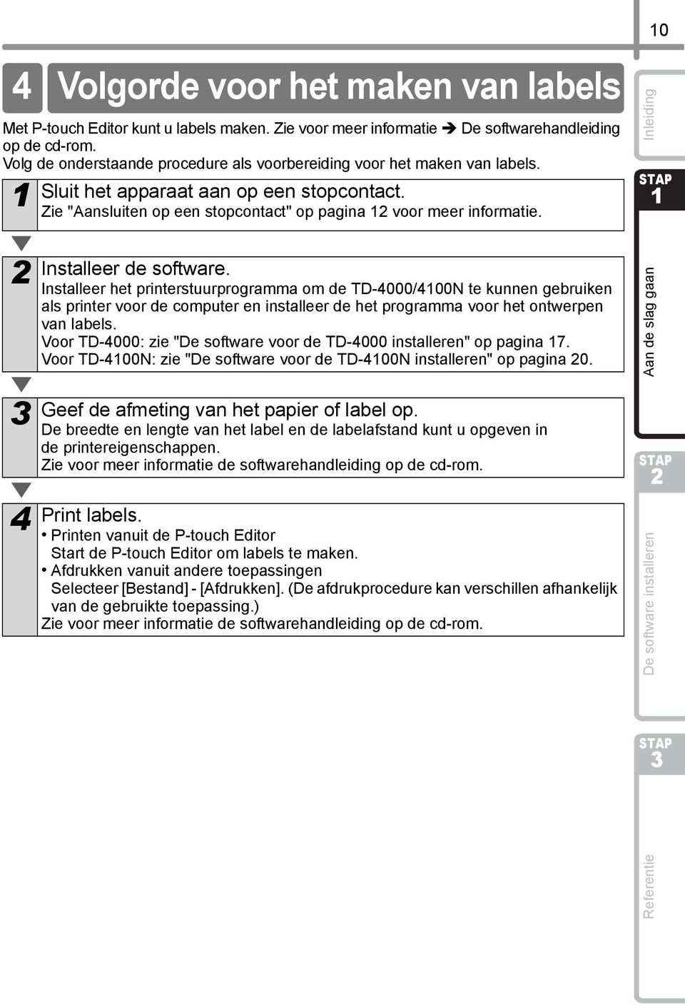 4 Installeer de software. Installeer het printerstuurprogramma om de TD-4000/400N te kunnen gebruiken als printer voor de computer en installeer de het programma voor het ontwerpen van labels.