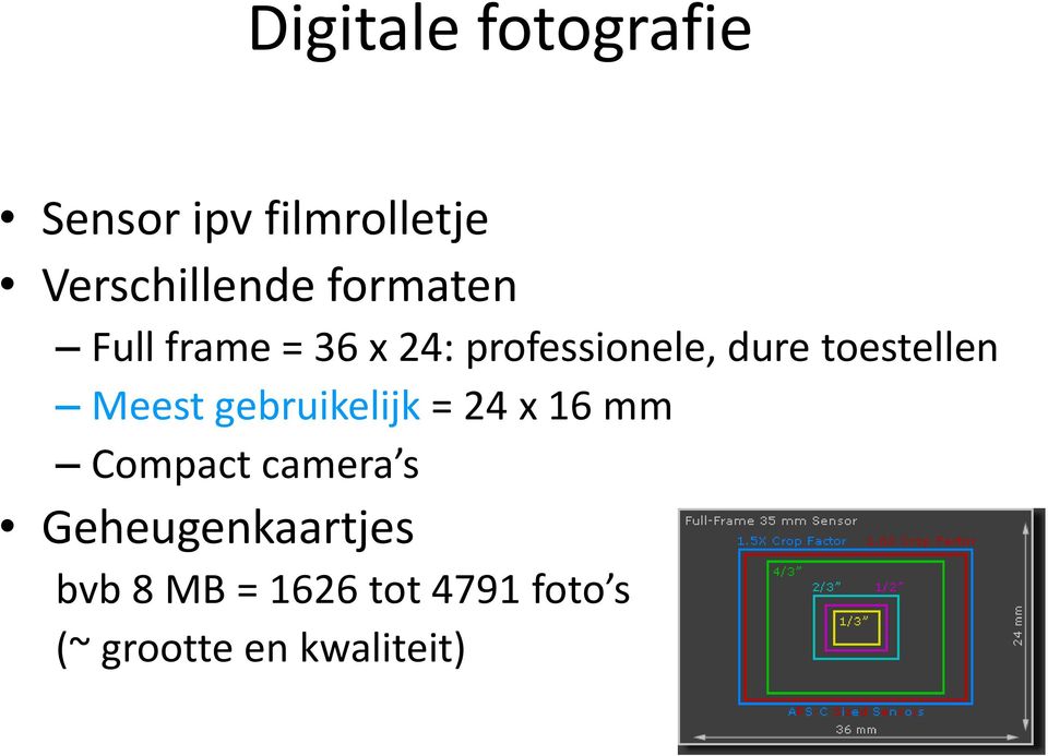 toestellen Meest gebruikelijk = 24 x 16 mm Compact camera s