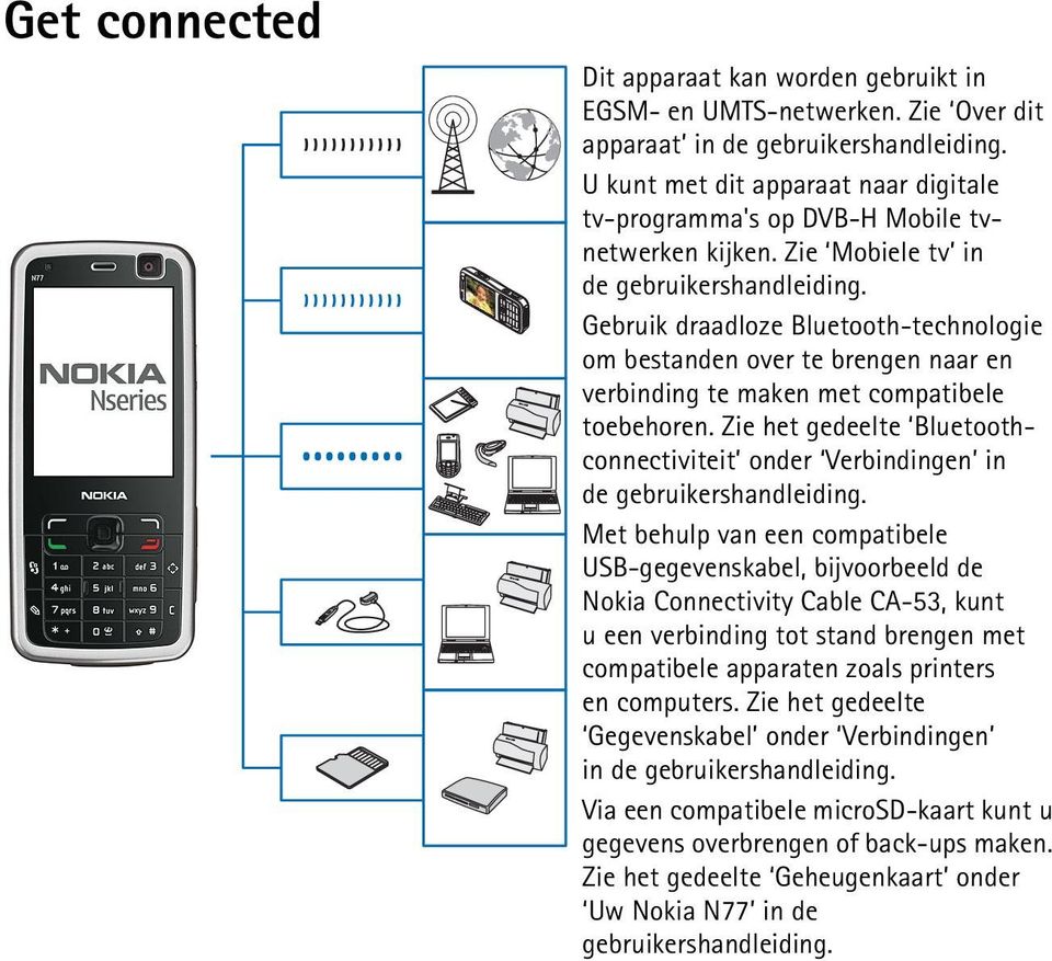 Gebruik draadloze Bluetooth-technologie om bestanden over te brengen naar en verbinding te maken met compatibele toebehoren.