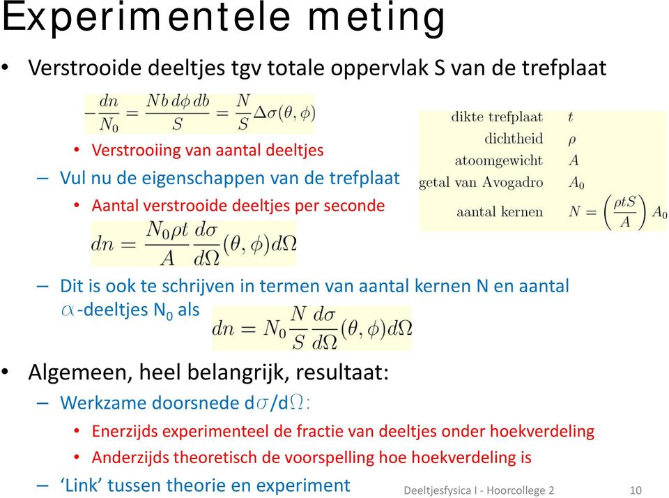 a deeltjesd N 0 als Algemeen, heel belangrijk, resultaat: Werkzame doorsnede ds/dw: Enerzijds experimenteel de fractie van deeltjes