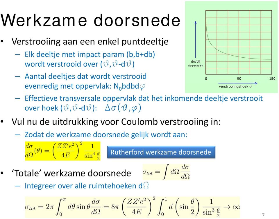 deeltje verstrooit over hoek (q,q dq): Ds(q,f) Vul nu de uitdrukking voor Coulomb verstrooiing in: Zodat de werkzame doorsnede