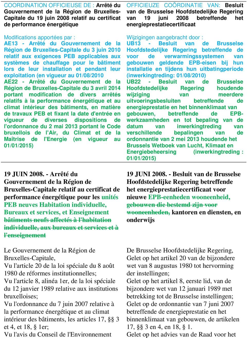 (en vigueur au 01/08/2010 AE22 - Arrêté du Gouvernement de la Région de Bruxelles-Capitale du 3 avril 2014 portant modification de divers arrêtés relatifs à la performance énergétique et au climat