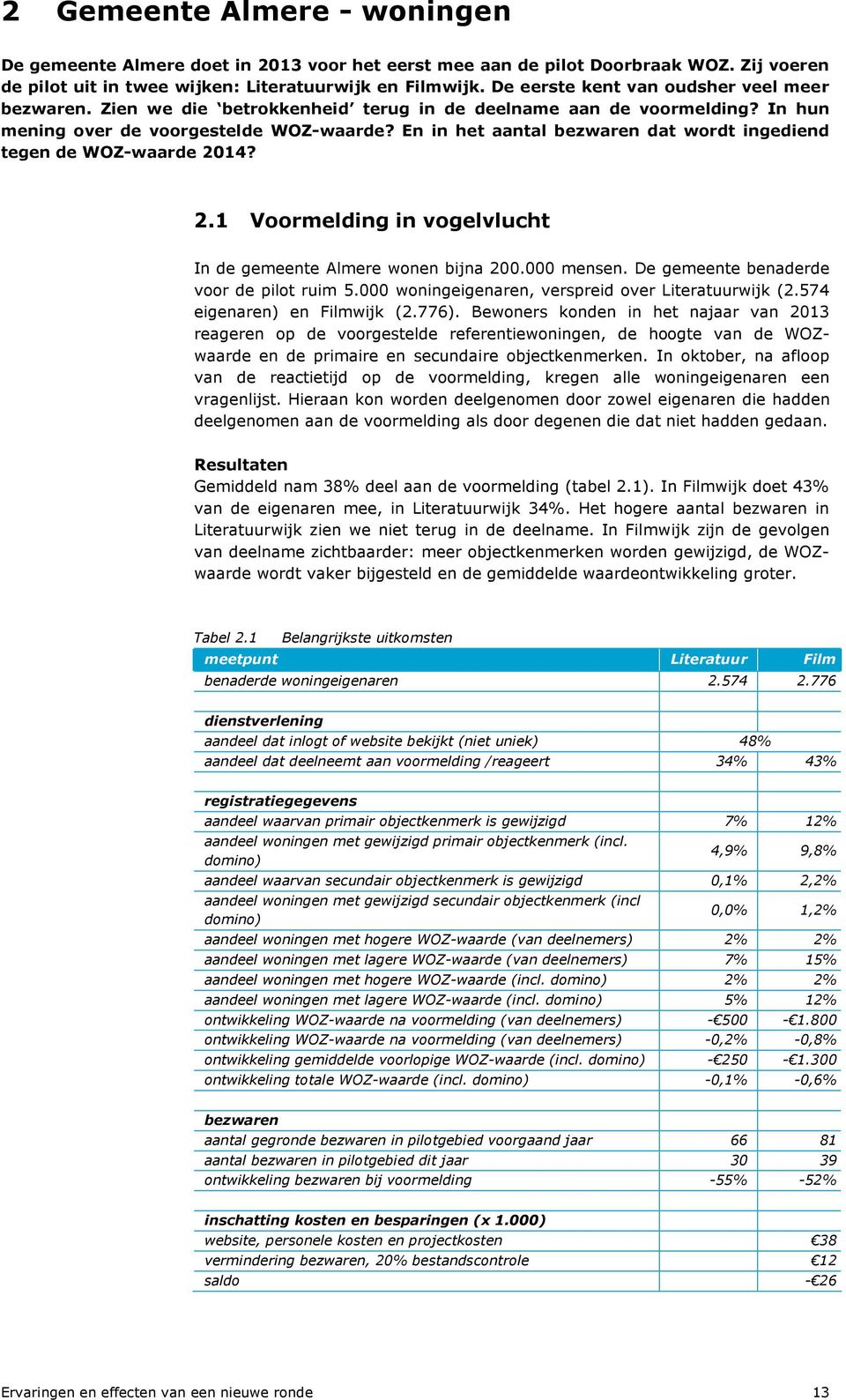 En in het aantal bezwaren dat wordt ingediend tegen de WOZ-waarde 2014? 2.1 Voormelding in vogelvlucht In de gemeente Almere wonen bijna 200.000 mensen. De gemeente benaderde voor de pilot ruim 5.