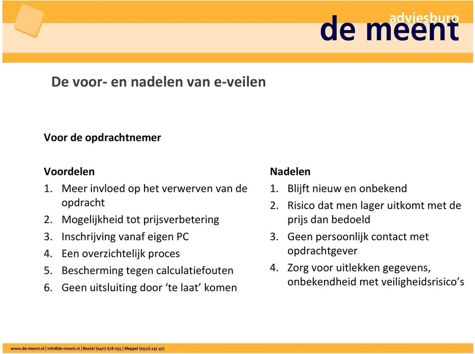 Bescherming tegen calculatiefouten 6. Geen uitsluiting door te laat komen Nadelen 1. Blijft nieuw en onbekend 2.