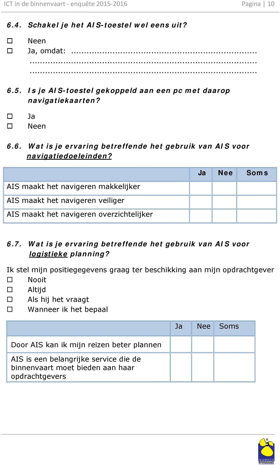 AIS maakt het navigeren makkelijker AIS maakt het navigeren veiliger AIS maakt het navigeren overzichtelijker Nee Soms 6.7.